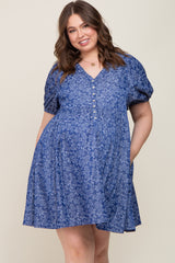 Blue Floral Button Front Short Sleeve Maternity Plus Dress