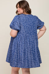 Blue Floral Button Front Short Sleeve Maternity Plus Dress