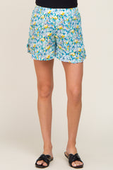 Teal Floral Ruffle Hem Maternity Shorts