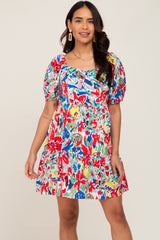 Red Floral Sweetheart Neck Short Puff Sleeve Maternity Dress