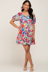 Red Floral Sweetheart Neck Short Puff Sleeve Maternity Dress