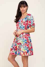 Red Floral Sweetheart Neck Short Puff Sleeve Dress