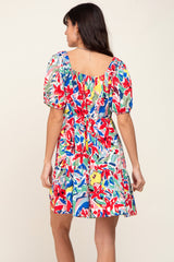 Red Floral Sweetheart Neck Short Puff Sleeve Dress