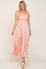 Peach Square Neck Smocked Maternity Midi Dress