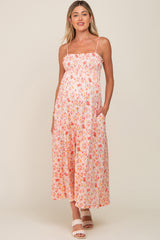 Peach Square Neck Smocked Maternity Midi Dress