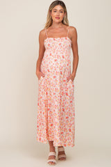 Peach Square Neck Smocked Maternity Midi Dress