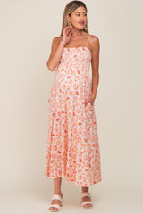 Peach Square Neck Smocked Maternity Midi Dress