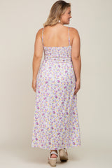 Lavender Square Neck Smocked Plus Maternity Midi Dress