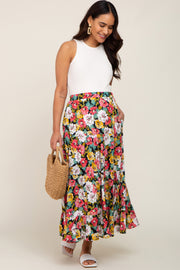 Black Floral Tiered Maternity Maxi Skirt