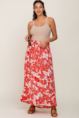 Red Floral Button Front Ruffle Hem Maternity Maxi Skirt