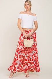 Red Floral Button Front Ruffle Hem Maxi Skirt