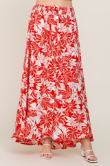 Red Floral Button Front Ruffle Hem Maxi Skirt