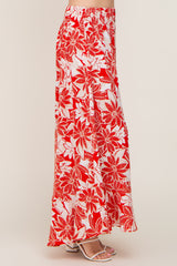 Red Floral Button Front Ruffle Hem Maxi Skirt