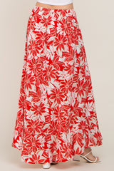 Red Floral Button Front Ruffle Hem Maxi Skirt