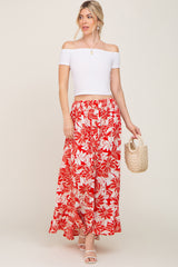 Red Floral Button Front Ruffle Hem Maxi Skirt