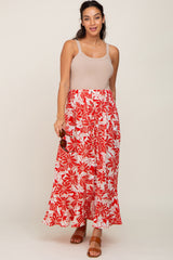 Red Floral Button Front Ruffle Hem Maternity Maxi Skirt