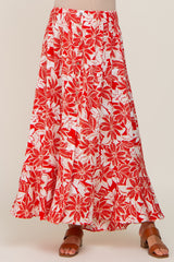 Red Floral Button Front Ruffle Hem Maternity Maxi Skirt