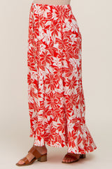 Red Floral Button Front Ruffle Hem Maternity Maxi Skirt