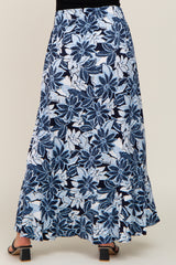 Blue Floral Button Front Ruffle Hem Maternity Maxi Skirt