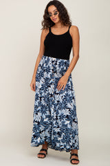 Blue Floral Button Front Ruffle Hem Maternity Maxi Skirt