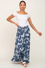 Blue Floral Button Front Ruffle Hem Maxi Skirt