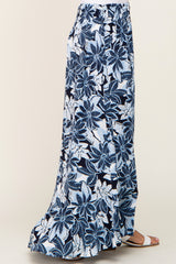 Blue Floral Button Front Ruffle Hem Maxi Skirt