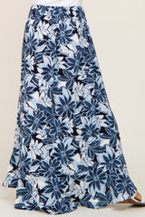 Blue Floral Button Front Ruffle Hem Maxi Skirt