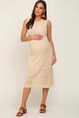 Beige Cable Knit Sleeveless Maternity Midi Dress