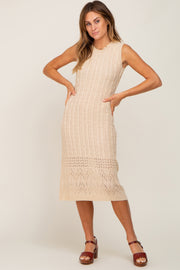 Beige Cable Knit Sleeveless Midi Dress