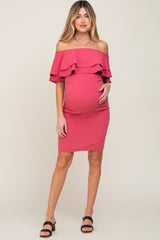 Mauve Off Shoulder Fitted Maternity Dress