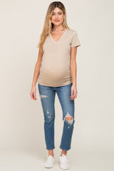 Beige Basic V-Neck Maternity Tee