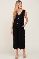 Black Sleeveless Button Front Maternity Cropped Jumpsuit