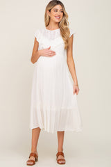 Ivory Lace Inset Ruffle Maternity Midi Dress