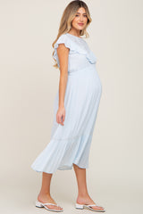 Light Blue Lace Inset Ruffle Maternity Midi Dress