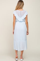 Light Blue Lace Inset Ruffle Maternity Midi Dress