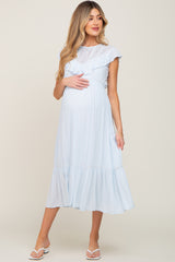 Light Blue Lace Inset Ruffle Maternity Midi Dress