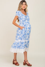 Blue Floral Pleated Eyelet Trim Maternity Midi Dress