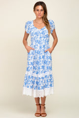 Blue Floral Pleated Eyelet Trim Midi Dress