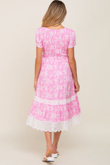 Pink Floral Pleated Eyelet Trim Maternity Midi Dress