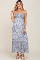 Blue Floral Paisley Smocked Button Front Maternity Maxi Dress