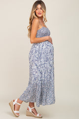 Blue Floral Paisley Smocked Button Front Maternity Maxi Dress