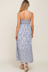 Blue Floral Paisley Smocked Button Front Maternity Maxi Dress