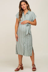 Mint Green Textured Stripe Button Front Linen Maternity Dress