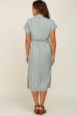 Mint Green Textured Stripe Button Front Linen Maternity Dress