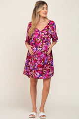 Magenta Floral V-Neck Maternity Dress