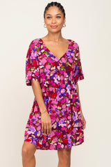 Magenta Floral V-Neck Maternity Dress