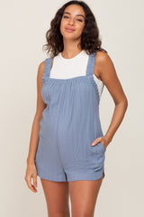 Blue Embroidered Square Ruched Neck Maternity Romper