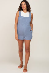 Blue Embroidered Square Ruched Neck Maternity Romper