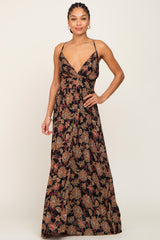 Black Floral V-Neck Cross Back Maternity Maxi Dress