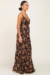 Black Floral V-Neck Cross Back Maxi Dress